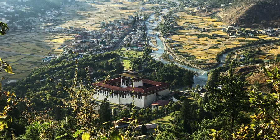 View from Zuri Dzong of Paro Dzong and valley 